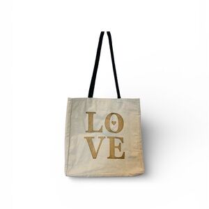 Cream Canvas Love Tote Bag with Gold Lettering and Black Rope Handles